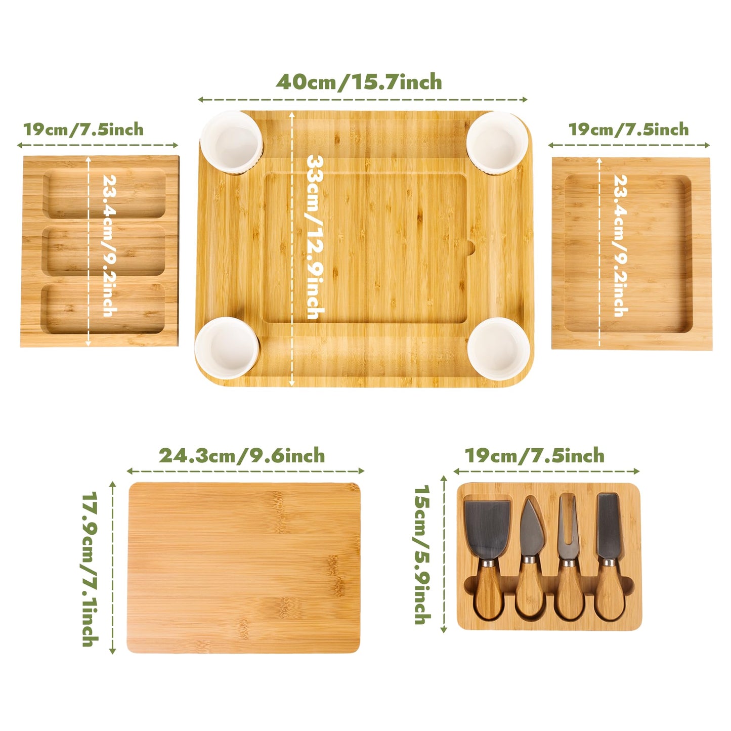 Charcuterie Board Set - Bamboo Cheese Board & Serving Tray with Stainless Steel Knives and Bowls, Housewarming Gifts New Home, Gift for Wedding Couple, Bridal Shower (NLB, 02)