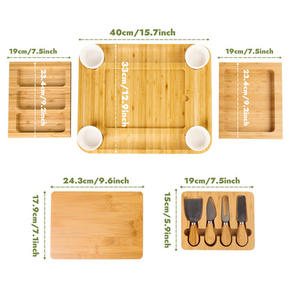 Charcuterie Board Set - Bamboo Cheese Board & Serving Tray with Stainless Steel Knives and Bowls, Housewarming Gifts New Home, Gift for Wedding Couple, Bridal Shower (NLB, 02)