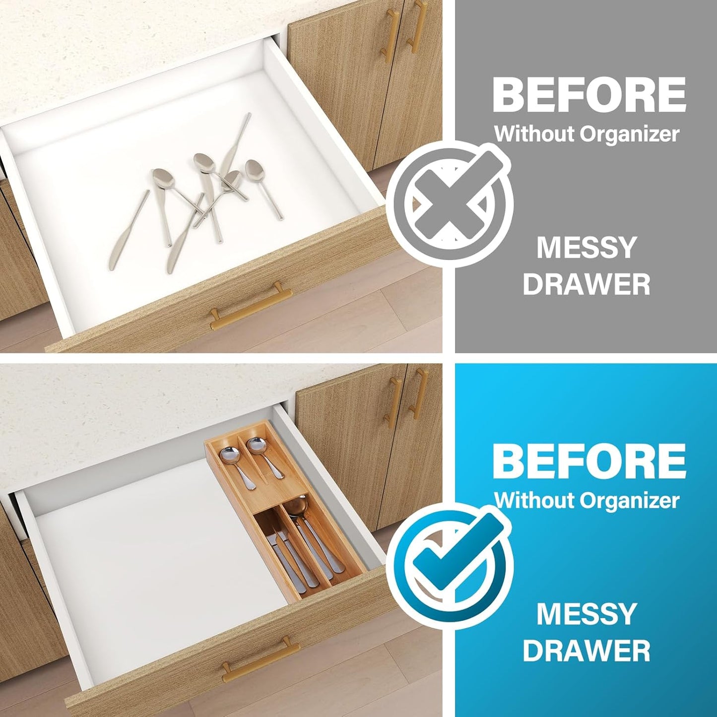 Bamboo Silverware Drawer Organizer Kitchen Utensil Tray Holder for Flatware, Cutlery, Spoon, Forks, Knives