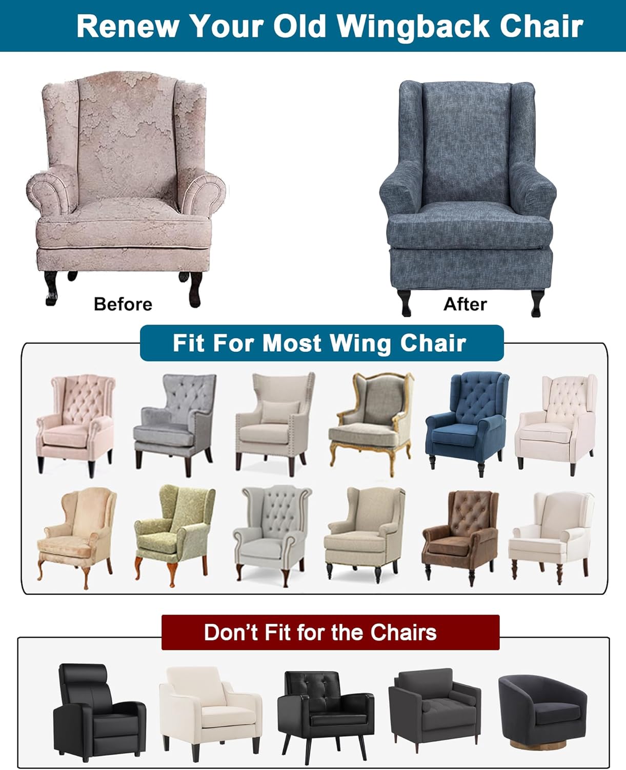 2 Chair,A21 CRFATOP Waterproof Wing Chair Slipcovers Piece Stretch Wingback Chair Cover Spandex Fabric Wingback