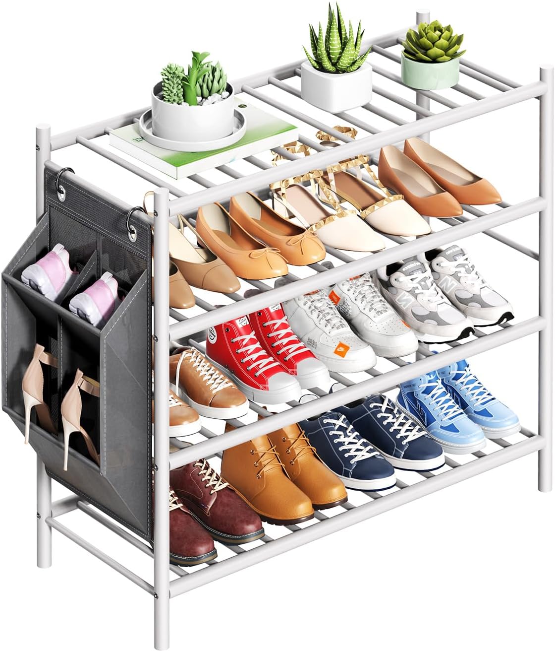 woxlemen Closet 26 inch 4-Tier) Bamboo Shoe Rack for Small Wooden Shoe Organizer with Pouch, Sturdy Wood Shoe Shelf