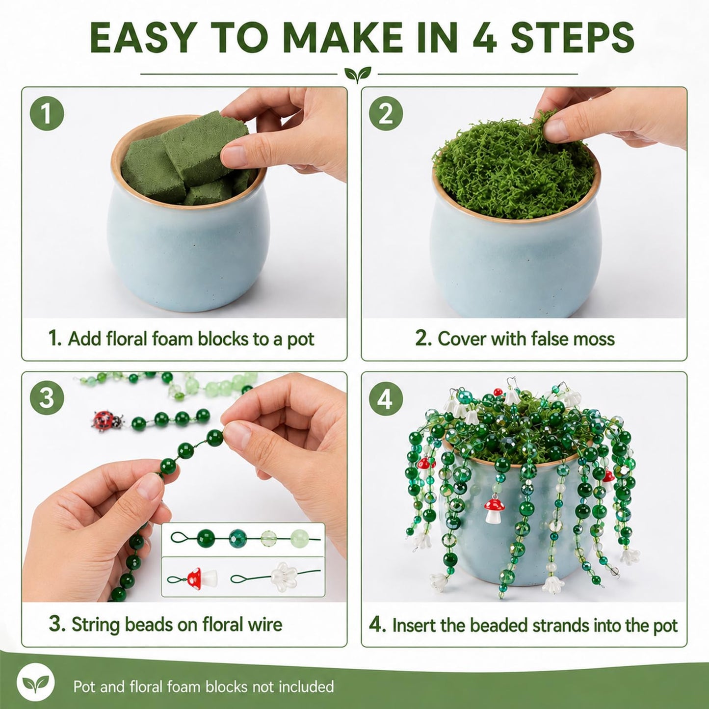 Scvotier Beaded Plant Kits with Wire and Beads, All-in-One Green Glass Beaded Plant DIY Craft Kit with Tools & Instructions - Create Your Own Hanging Green Decor, Relaxing Handmade Gift