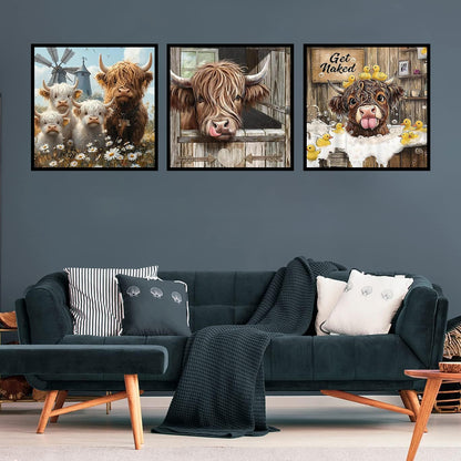 Zythron 3PCS Diamond Art Kits for Adults,Highland Cow Diamond Art Cow Rustic Farmhouse Diamond Painting DIY 5D Full Drill Gem Art Painting Kit for Home Wall Decor Gifts 12x12 in