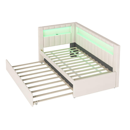 DNYN Upholstered Twin Size Daybed with Trundle for Bedroom,Apartment,Solid Wood Bedframe w/USB Ports & LED Design,Super Save Space & No Box Spring Needed, White