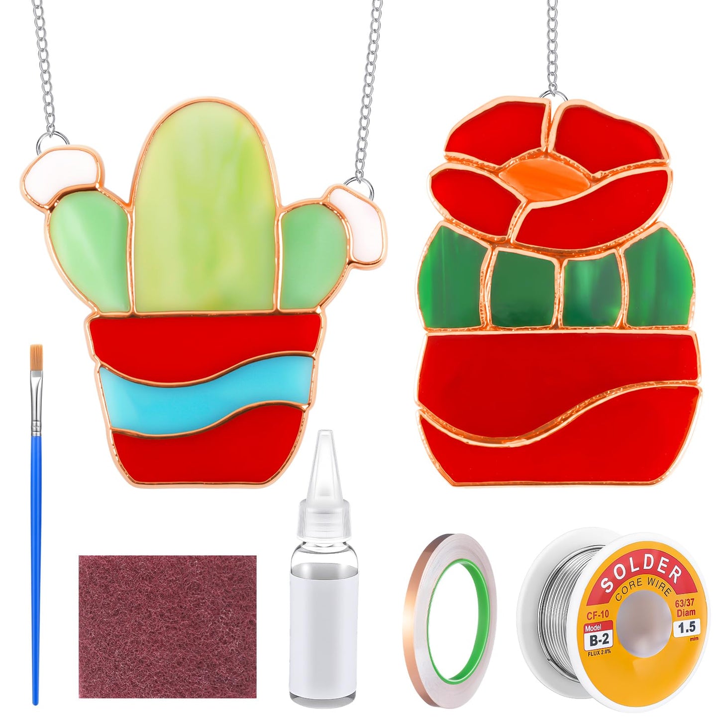 LemonRoad 2 Sets Unfinished Succulents Pre Cut Stained Glass DIY Stained Glass Craft Kit with Solder Wire, Gel Flux, Flux Brush for Adult Make Your Own Beautiful Art Handcrafts for Home Decor
