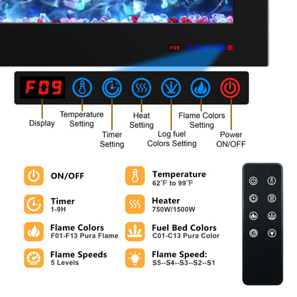 Oxhark Flame 60 Inches Electric Fireplace, Wall Mounted Fireplace Inserts Electric Heater, Flame Effects Like Real Flame, Low Noise, Timer & Thermostat Setting, 750W/1500W