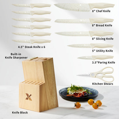 XANAPON Knife Set, Dishwasher Safe Kitchen Knife Set, CreamWhite Ergonomic Handle and Ceramic-Coated Blades, Built-in Sharpener Block, Sturdy German Stainless Steel