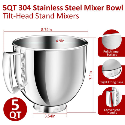 5QT Stainless Steel Mixer Bowl Compatible with KitchenAid Bowls for Mixer, Artisan&Classic Series 4.5-5QT Tilt-Head Mixers, Kitchen Gadgets Mixer Bowl with Handle,Metal Bowl for Kitchen Mixing Bowl