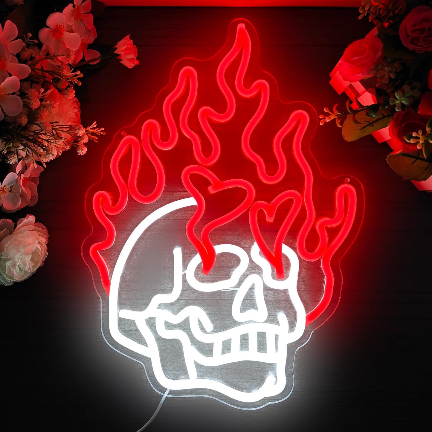 Skull Neon Signs for Bedroom Dimmable Neon Halloween Sign Skull Fire Neon Signs Skeleton Head Wall Decor Skull Led Neon Light Sign for Man Cave Beer Bar Club Game Room Halloween Party Decor Gifts