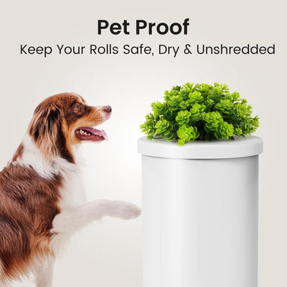 Cesun Toilet Paper Storage Bin, Enclosed Toliet Paper Holder with 3-Roll Capacity, White Stainless Steel Canister with Decorative Green Plant Lid