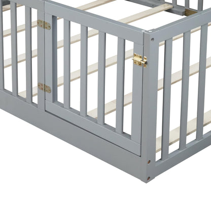 KEIKI Full Floor Bed Frame with High Fence Guardrail, Solid Wood Montessori Kids Bed, Pine Wood Platform Floor Bed with Storage Racks, White