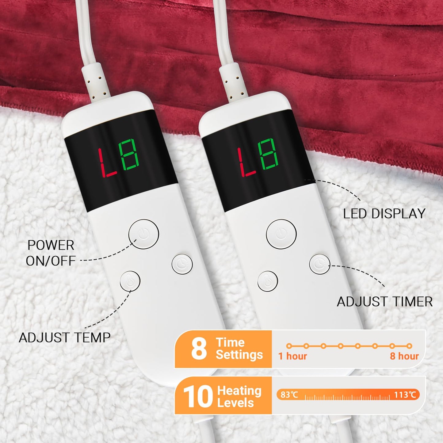 Electric Heated Blanket Queen Size 84''x90'' Soft Flannel & Sherpa Electric Blanket with 10 Heating Levels, Automatically Shut Down After 8h with Overheat Protection Machine Washable