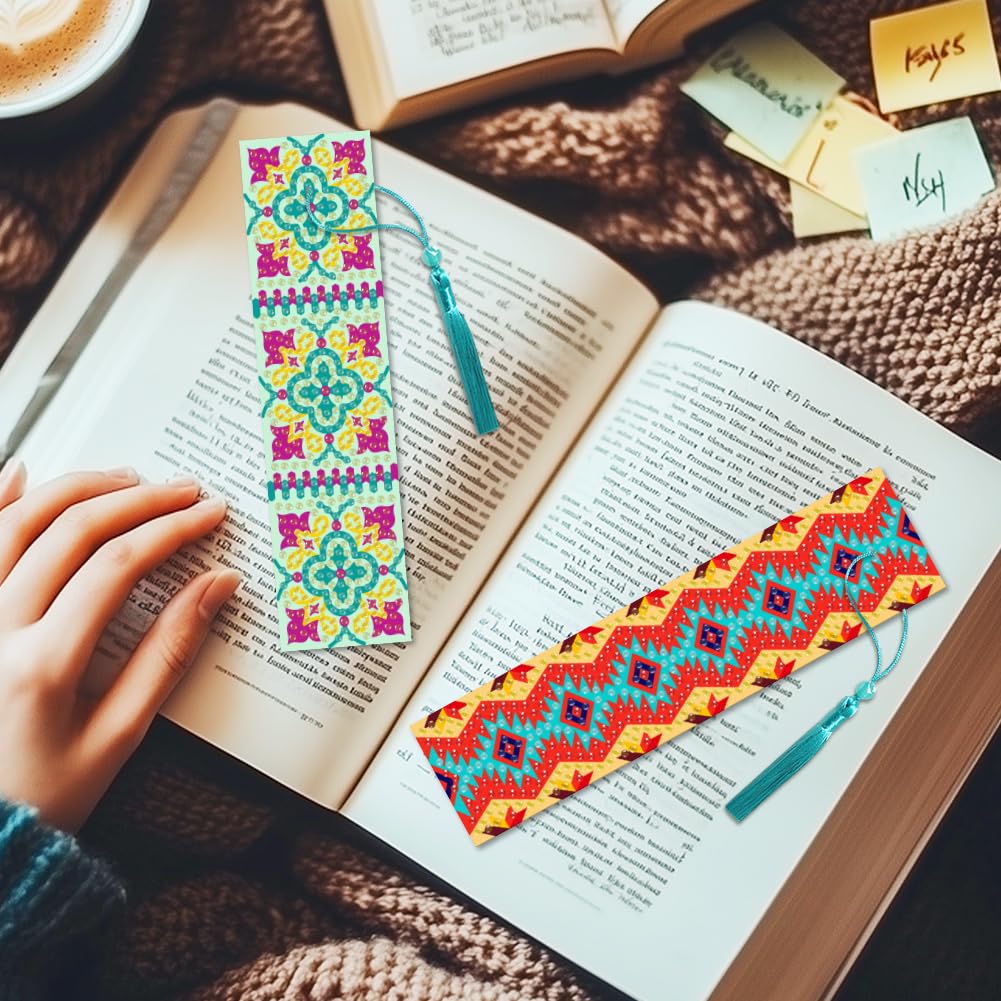 beinkmake 6Pcs Geometric 5D Diamond Art Bookmarks Vintage Floral Diamond DIY Painting Bookmarks Rhinestones Beaded Acrylic Tassel Bookmark for Adult Beginner Crafts
