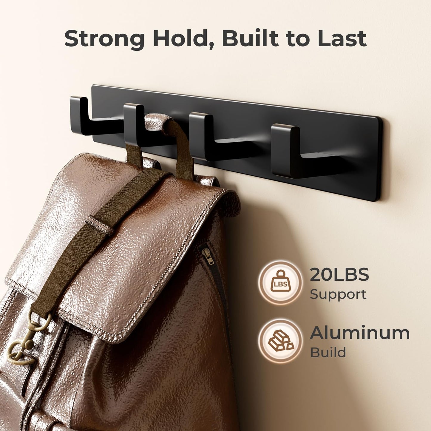 GWAAZXGZ Black Wall Mounted Coat Rack- 2 Modular Rails (25'' Total), 8 Right-Angle Hooks, Modern Organizer for Entryway, Bathroom, Bedroom, Holds Coats, Towels, Hats