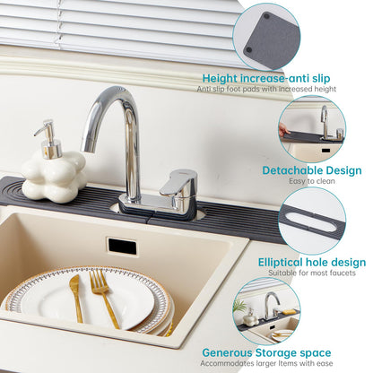 Stone Faucet Mat for Kitchen Sink with Oval Hole – 23.6" × 3.9" Diatomite Drying Stone Mat & Sink Protector, Quick-Dry Splash Guard Water-Absorbing Tray for Bathroom Counter（Dark Gray.23.6" x 3.9"）