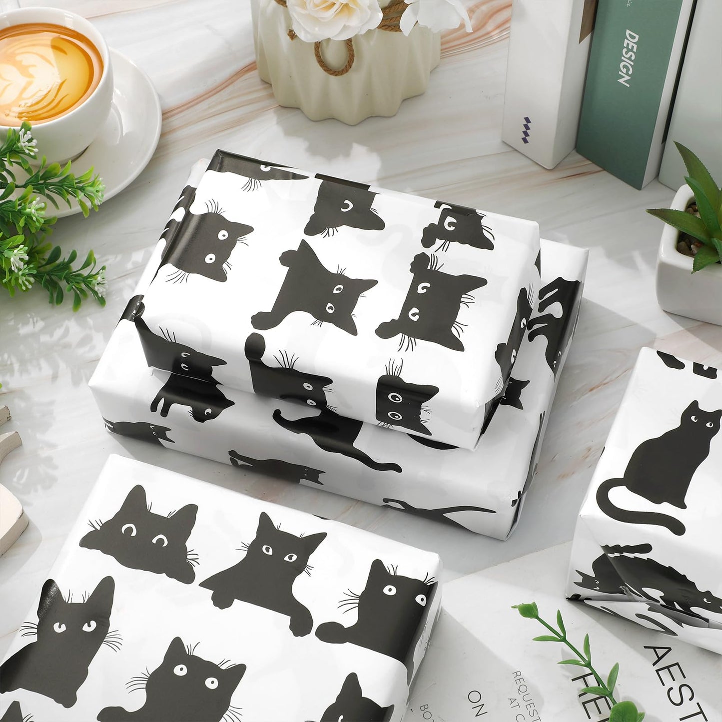 FYSUIMU Black Cat Wrapping Paper -Mini Roll- 17 In x 32.8 Ft Funny Cat Gift Wrap Paper for Holiday Halloween Birthday Party Wrapping Supplies