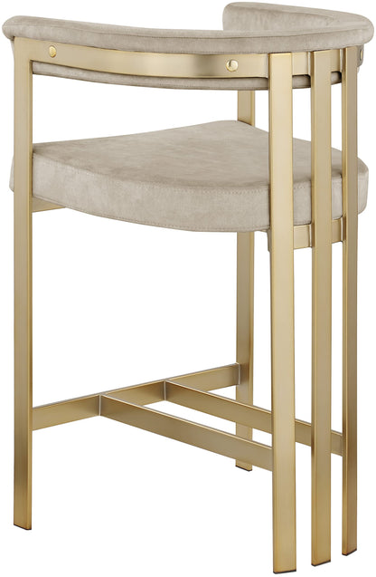 Meridian Furniture 596Stone-C Marcello Collection Modern | Contemporary Velvet Upholstered Counter Height Stool with Brushed Brass Iron Frame, 22.5" W x 20" D x 35.5" H, Stone, Set of 2