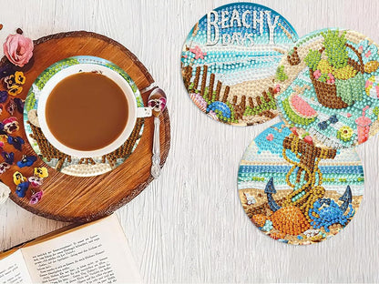 8 PCS Diamond Art Coasters Kits Beach Diamond Painting Coaster Kits Diamond Coasters with Holder Cork Pads Gem Art Dots Paintings Crafts Supplies for Adults Beginners