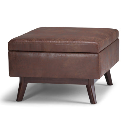 SIMPLIHOME Owen Coffee Table Storage Ottoman - 34" Wide x 19" High Upholstered Vegan Leather Rectangular Lift-Top Ottoman in Distressed Saddle Brown, Mid-Century Modern Bench with Tapered Legs