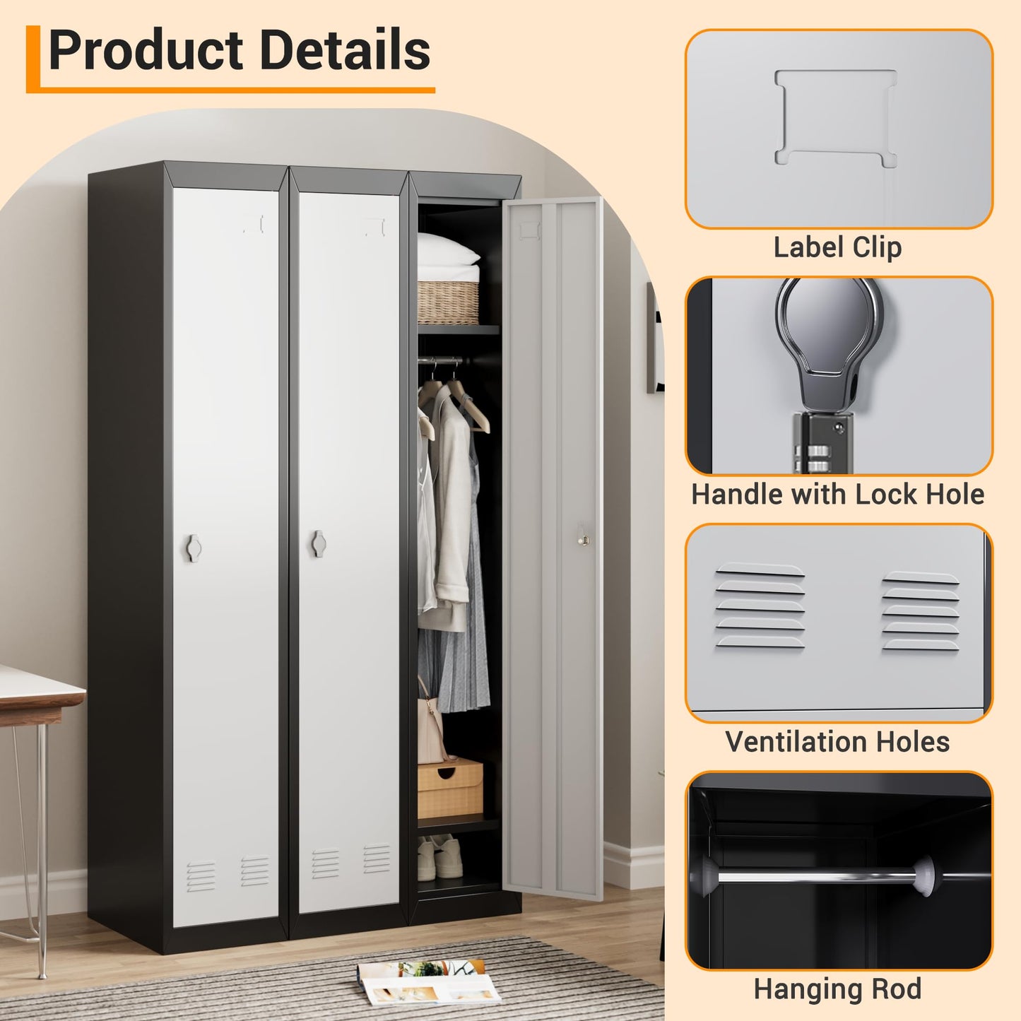 Metal Storage Locker with Doors, Lockers Featuring Shelves, Ideal for Employees and Students, Suitable for Schools, Garages, Offices, Gyms, Homes, and Warehouses, Requires Assembly, Grey and Black