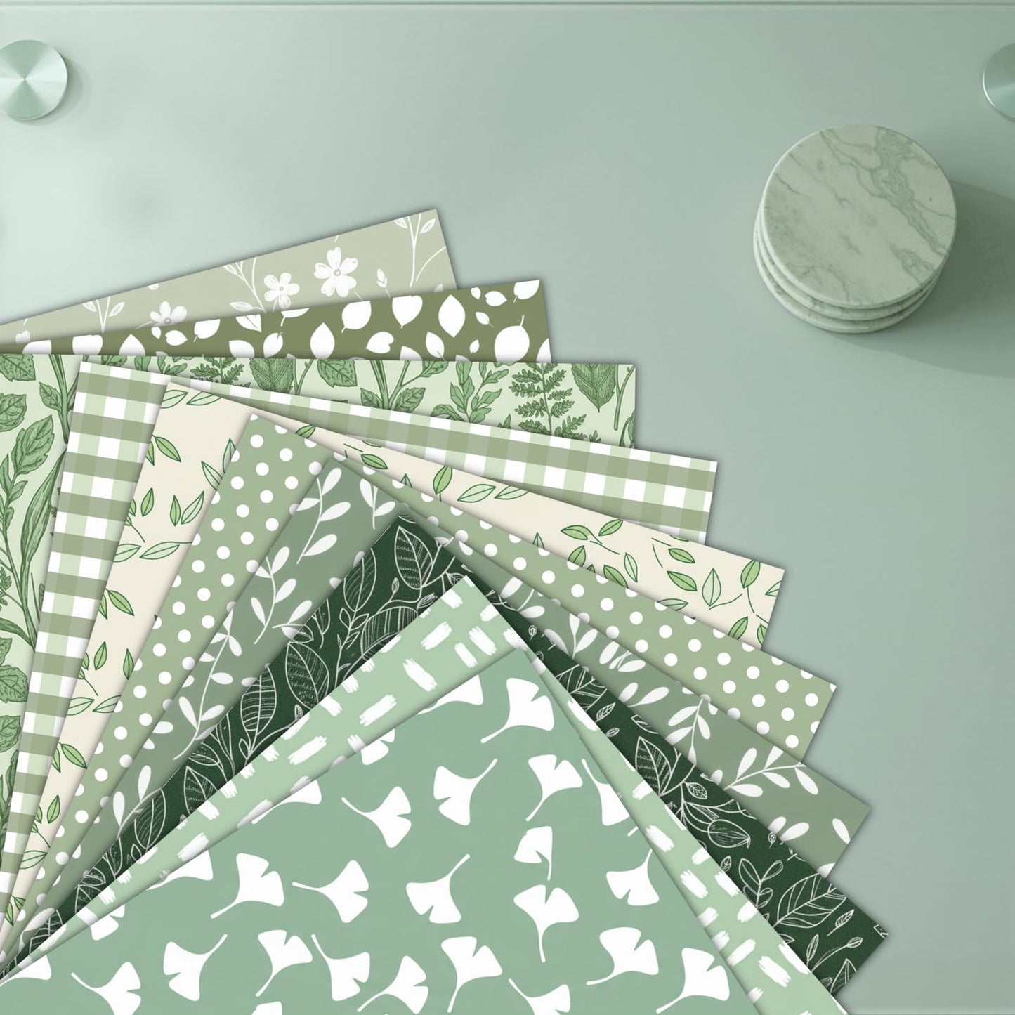 LENSARKU 24 Sheets 11.8 x 11.8 Inch Sage Green Botanical Scrapbook Paper, 160gsm Double Sided Decorative Paper for Junk Journals, Wrapping & Mixed Media, DIY Card Making, Photo Album, Journal Decor