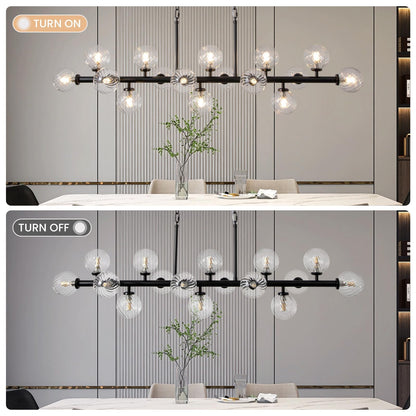 DFJL 50" Modern Linear Chandelier,Mid Century Black Finish and Transparent Pleats Glass Bubble Sputnik Pendant Light Fixtures, for Dining Room Kitchen Island Rectangle Over Table 16-Lights