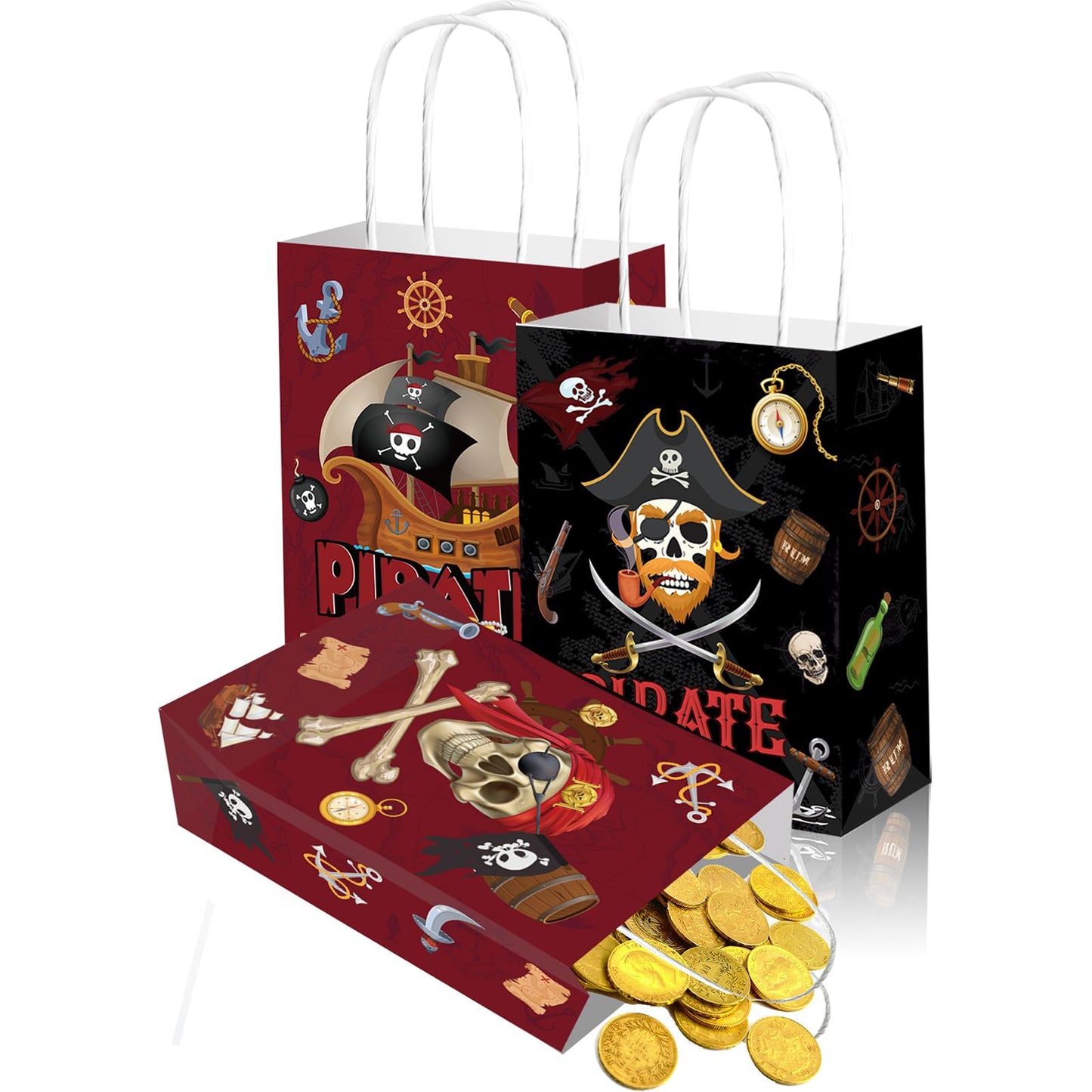 Qpout 16 Pack Pirate Gift Bags, Party Favor Bag Small, Goodie Treat Candy Bags, Pirates Booty Snack Bag, Boys Birthday Baby Shower Halloween Goody Bag
