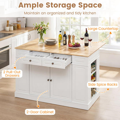 Giantex Kitchen Island with Storage & Drop Leaf, 48" Stationary Island Table with Rubber Wood Top, 2 Drawers, Cabinet, Adjustable Shelf, Butcher Block Island for Living Dining Room, Bar (White)