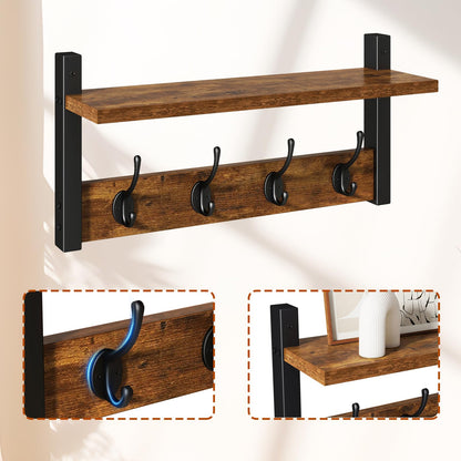 YMYNY Coat Rack Shelf Wall Mounted, Coat Hooks Set of 2, Entryway Coat Hanger with 8 Hooks, 31.5" Wall Floating Shelf with Hat Rack, for Kitchen, Bedroom, Bathroom, Rustic Brown UHWS001H-2