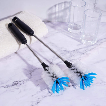 MOSOLAN Stainless Steel Bottle Brush with Replaceable Head, 2 Pack Long Handle Scrubbing Brush for Water Bottles, Glasswares, Mugs, Flasks, Tumblers, Vases, and Kitchen Sink, 13 in - 15 in