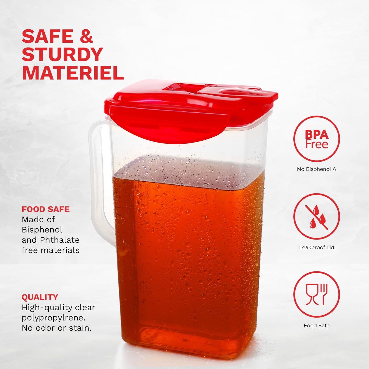 Red 50 Oz. Plastic Pitcher Set of 2 | Fridge Door Jug with Lid | Airtight Iced Tea Container