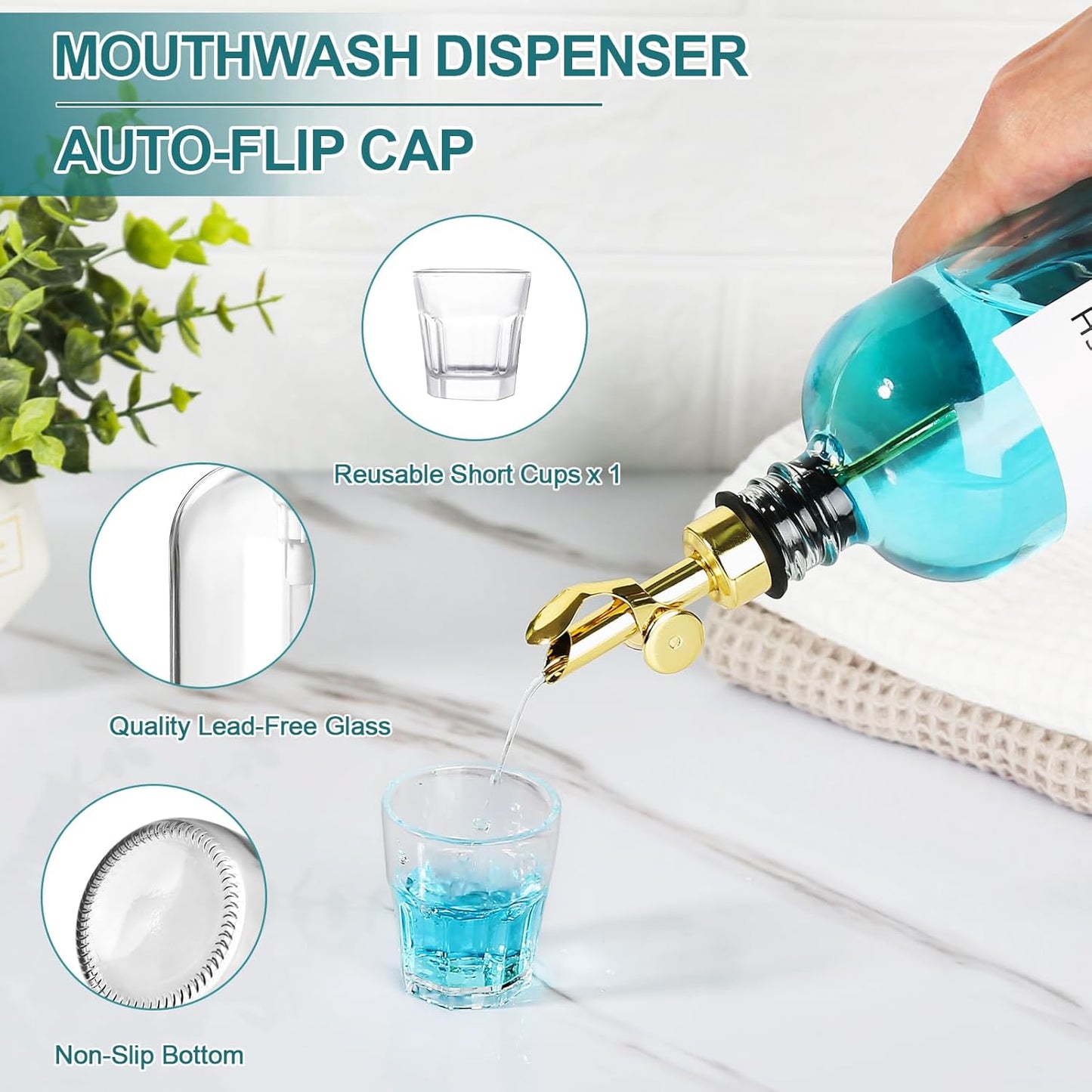 1 Pack, 17oz Mouthwash Dispenser for Bathroom, Glass Mouthwash Dispenser with Cup, Mouth Wash Container Bottle