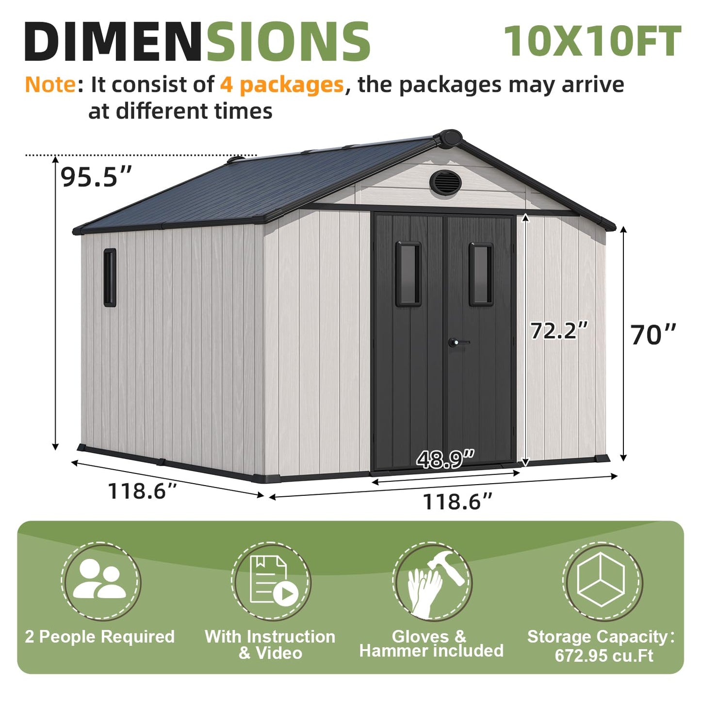 MELLCOM 10 x 10 FT Resin Outdoor Storage Shed with Floor, Outdoor Storage Tool Shed with Windows and Lockable Door, Resin Garden Shed for Lawnmower, Bike, Pool Supply