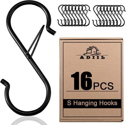 ADIIL 16 Pcs S Hooks with Safety Buckle, Heavy Duty Metal S Shaped Hooks for Hanging Plants, Kitchen Utensils