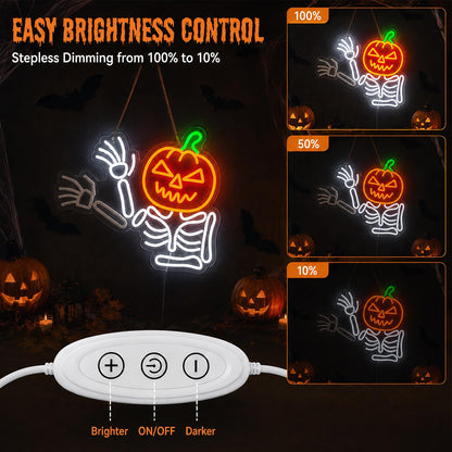Waving Pumpkin Skeleton Neon Sign, Flashing Halloween Neon Sign, Dimmable Skull Led Light for Wall Decor, Halloween Decorations for Home, Party, Bar, Window