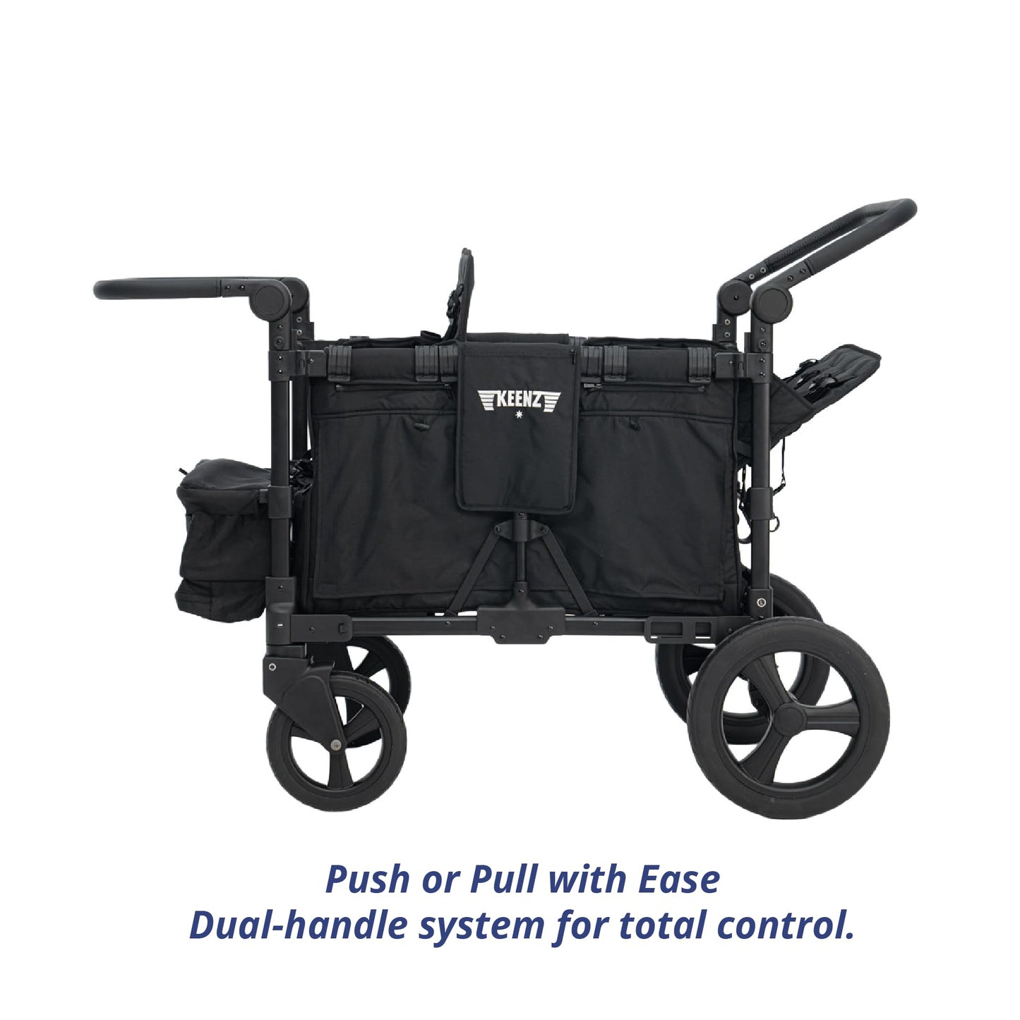 Keenz MOOV 4-Passenger All-Terrain Stroller Wagon with Reclining Seats, Built-in Cooler, Push/Pull Handle, Rubber Wheels, and Activity Tray – Foldable Wagon for Four Kids, Black