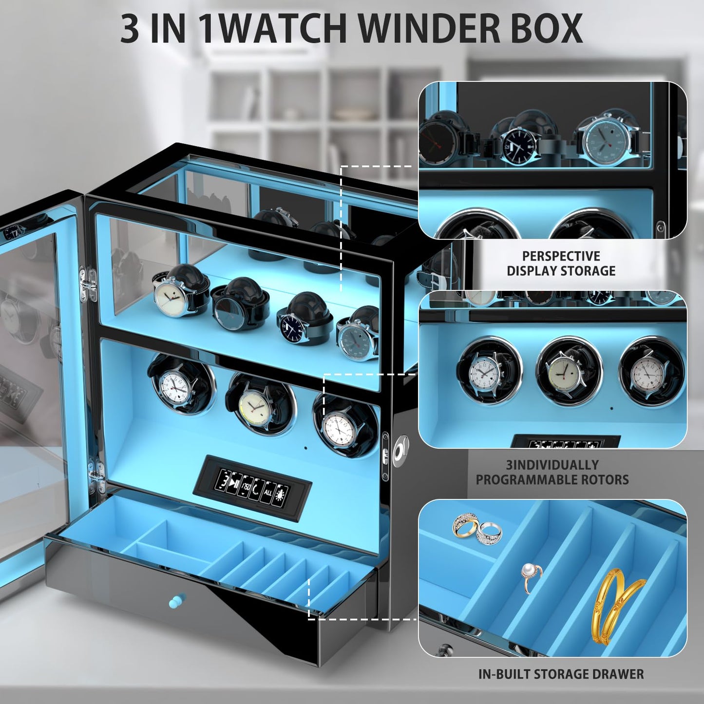 DUKWIN Watch Winder, Fingerprint Lock Automatic Watch Winder for 3 Watches with 4 Holders,300-2300 TPD,Digital Display, Remote Control,Jewelry Storage and Adjustable Watch Pillow and LED Light,Blue