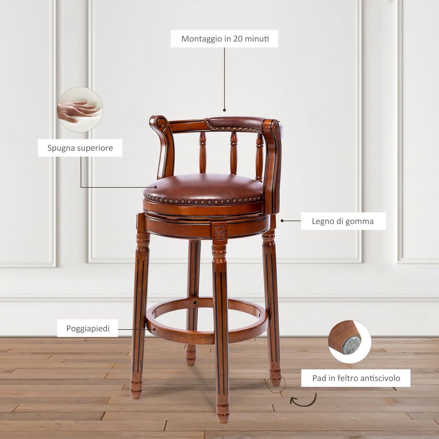AULIFE Cow top Leather Wooden Bar Stools, 360 Degree Swivel Bar Height Chair with Backs for Home Kitchen Counter, Morden Chair Barstools (Brown 1pc, Bar Height-Seat Height 29.5”)
