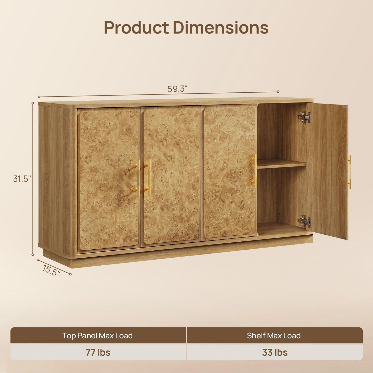 SICOTAS Buffet Cabinet with Storage - Burluxe 59" Sideboard Cabinet with 4 Doors Luxury Burl Storage Cabinet Accent Credenza Large Media Console Table for Living Room Dining Room Entryway Kitchen