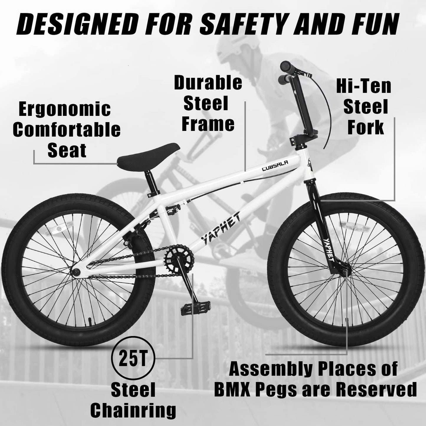 cubsala Freestyle BMX Bike, 20 Inch Yaphet Bicycle for Teen Beginner and Adult Riders, Bike with Hi-Ten Steel Frame, White