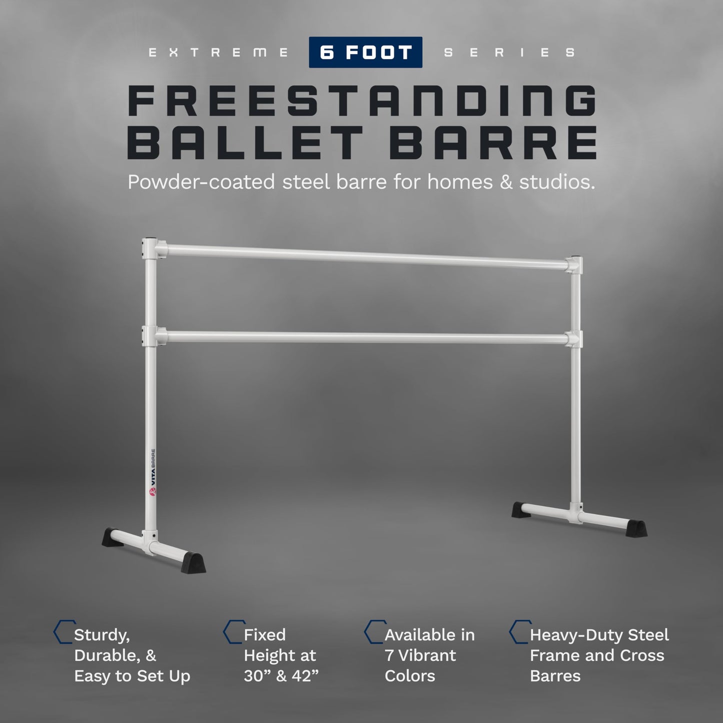VITA Barre Portable Freestanding Double Ballet Barre, Extreme, 6 Ft Bars, Satin Silver, Steel | Fixed Height, Made in USA, Home or Gym Exercise Equipment for Kids & Adults | Dance, Fitness, Pilates
