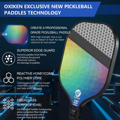 SS OXIKEN Pickleball Paddles Set of 2, USAPA Approved Carbon Fiber Pickle Ball Paddle (CHS) Polypropylene Honeycomb Core, Anti Slip Sweat Absorbing Grip, 2 Outdoor Pickleball, 2 Indoor Pickleball, Bag
