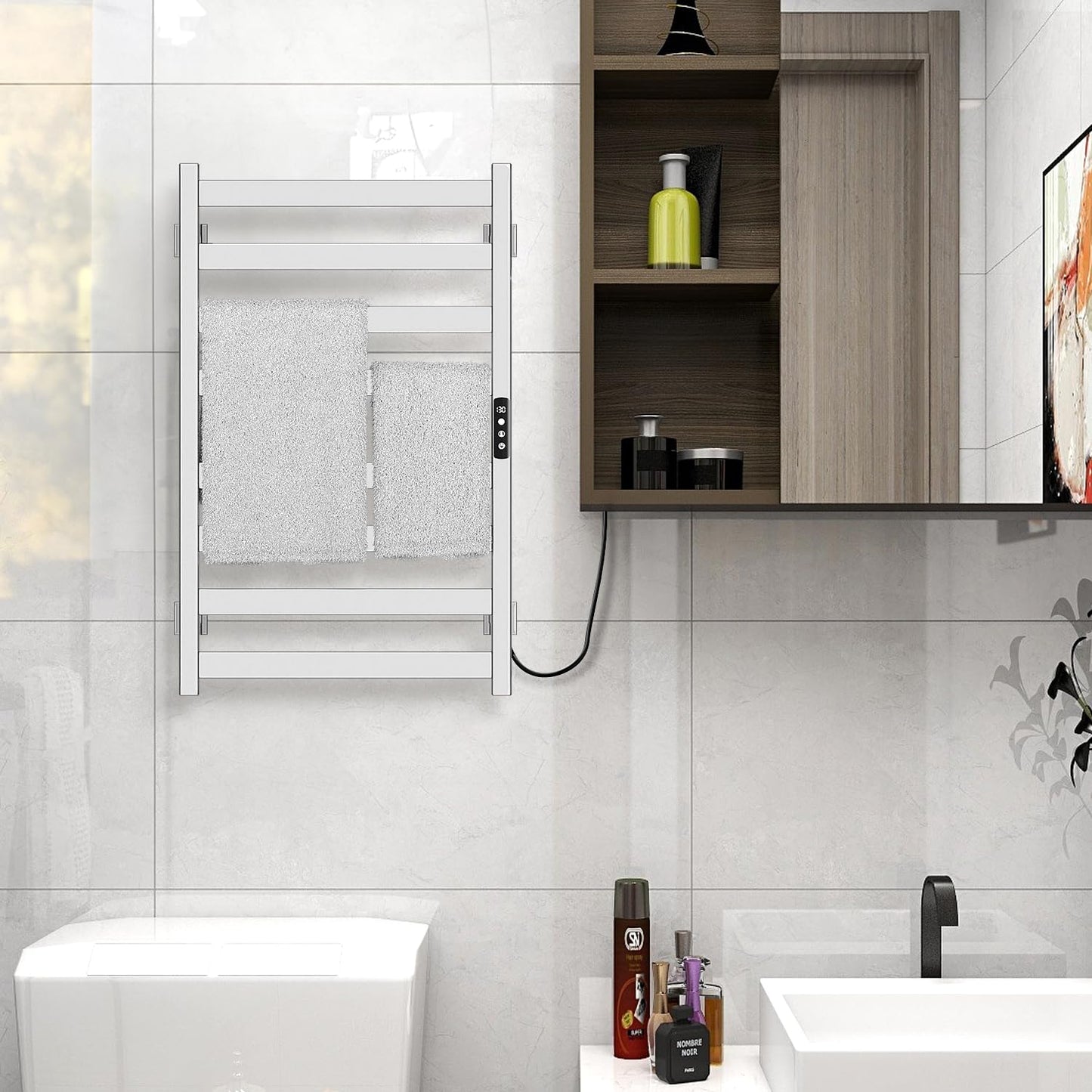 Towel Warmer, Towel Heater Rack for Bathroom, 8-bar Electric Towel Dryer Wall-Mounted Plug-in Bath Heater, 201 Stainless Steel Hot Towel Rack with Timer and Smart Temperature Control