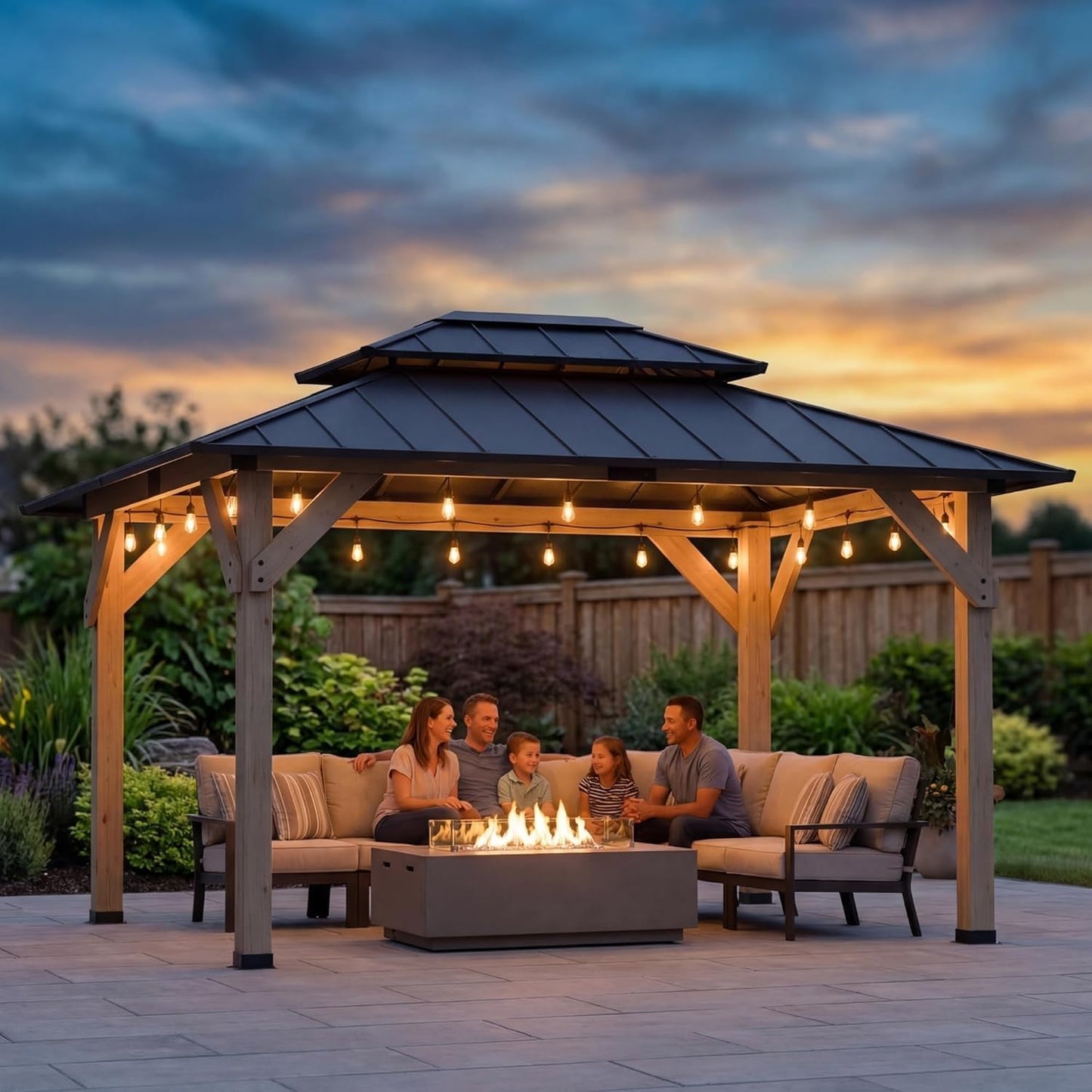 Devoko 10' x 12' Outdoor Wood Gazebo,Metal Hardtop Gazebo,Color DIY Permanent Pavilion with Galvanized Steel Double Roof for Backyard, Garden(Windproof, Snow-Load Bearing, Waterproof, Rustproof)