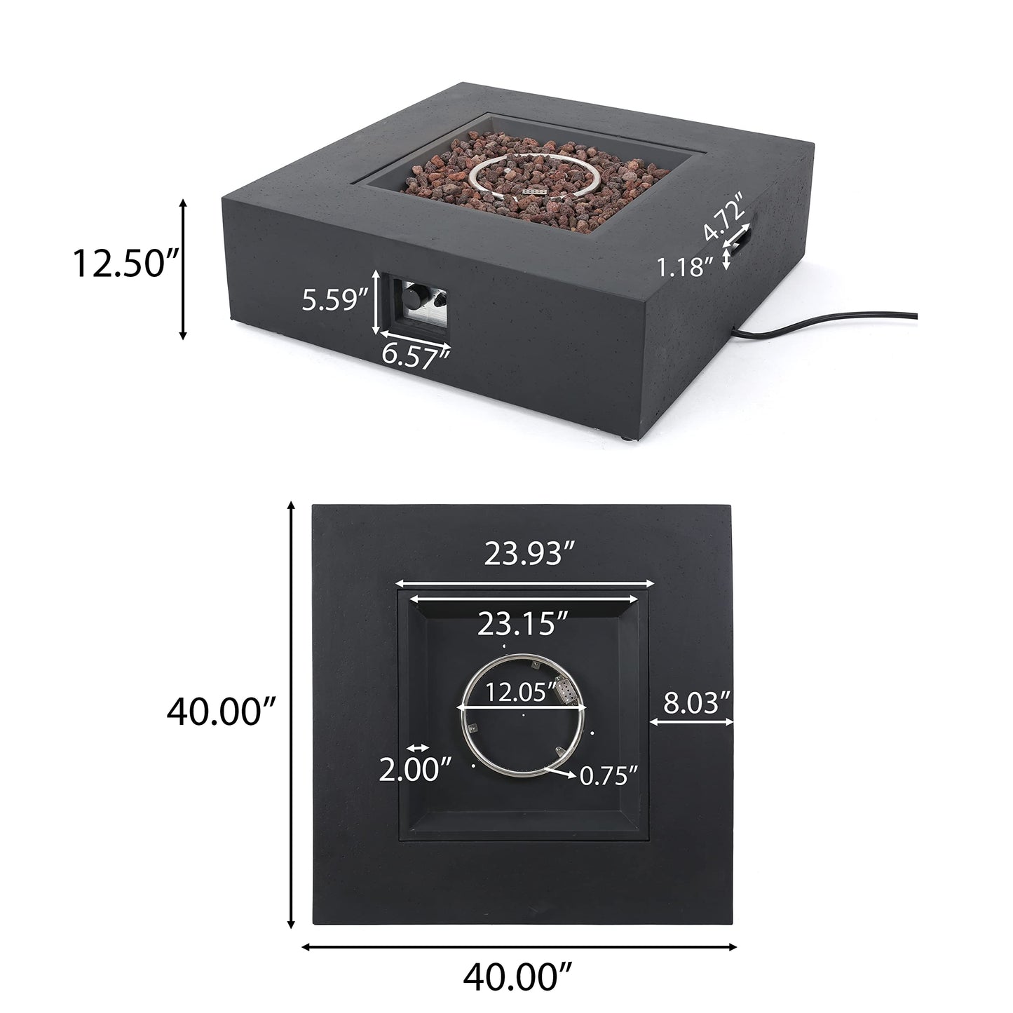 Christopher Knight Home Aidan Outdoor 50,000 BTU Square Fire Pit (No Tank Holder) - Lightweight Concrete - Dark Gray