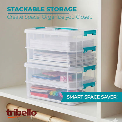 Tribello Craft Box & Art Supply Storage Organizer – Stackable Art Organizer and Craft Storage Box with Handle, 2-Layer Clear Art Supplies Organizer (14 x 10 x 7)