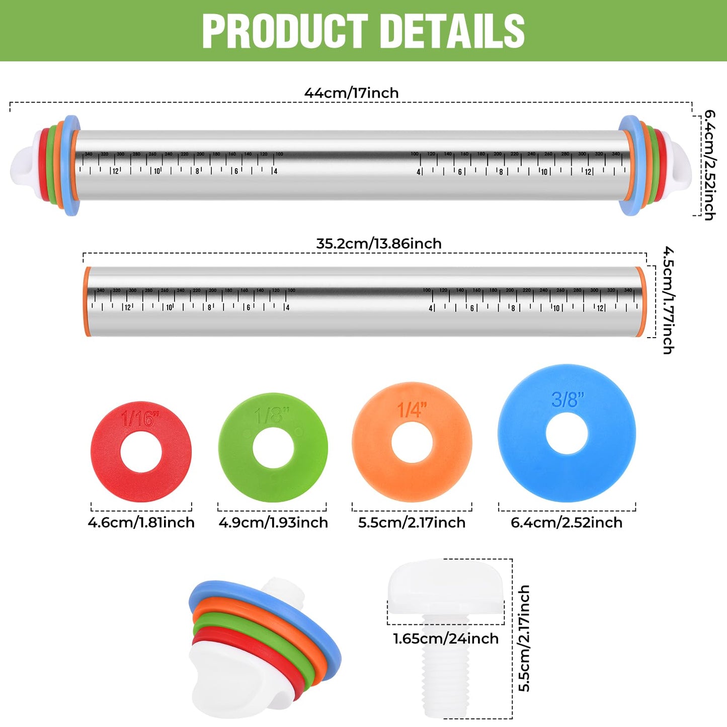 Rolling Pin with Adjustable Thickness Rings and Silicone Baking Pastry Mat Set for Baking,Stainless Steel Dough Roller,Baking Supplies for Cookie Fondant Pizza Cake Pasta(Red)