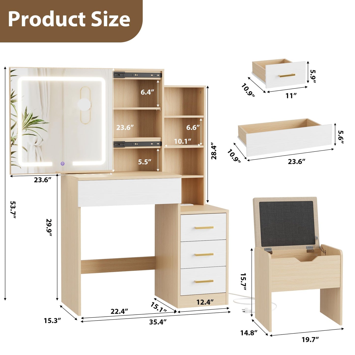GarveeHome Makeup Vanity Desk with Sliding Mirror, Vanity Dressing Table with 3 Color Adjustable Lights, Girls Vanity Set with Stool, 4 Compact Vanity Drawers, Power Outlet, Natural