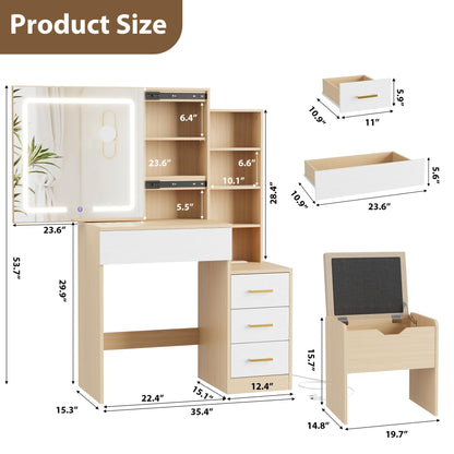 GarveeHome Makeup Vanity Desk with Sliding Mirror, Vanity Dressing Table with 3 Color Adjustable Lights, Girls Vanity Set with Stool, 4 Compact Vanity Drawers, Power Outlet, Natural