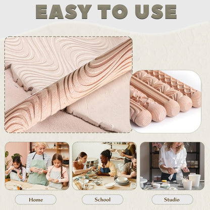 Krbnk 11Pcs Clay Pottery Tools Kit with 5 Clay Texture Rollers, 4 Clay Stamps, 2 Foot Shapers Pottery Ribs Trimming | All-in-One Ceramic Carving Set for Clay Molding & Sculpting & Ceramics